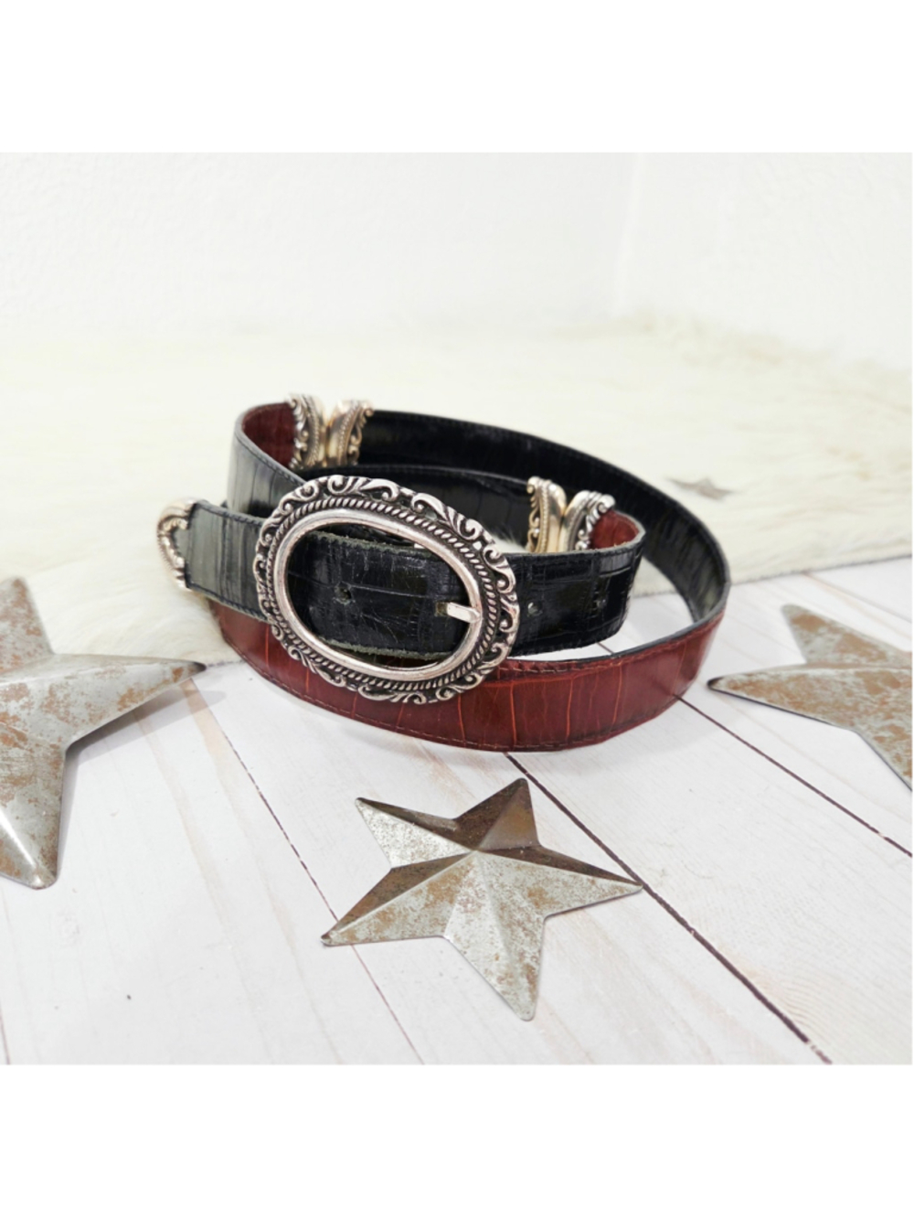 Brighton two-tone reversible leather belt black brown silver women's size XL